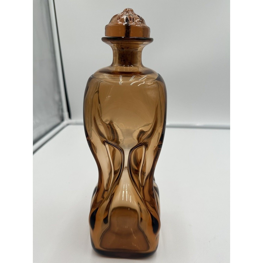PLUS & RANSFJORD VTG PLUS GLASS NORWAY AMBER PINCHED Bottle W Lid BLOWN 11”